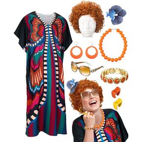 زي Landlady يتضمن فستان قفطان شعر مستعار مجعد وقلادة وأقراط ونظارات شمسية وخواتم ومشبك شعر لحفلات الهالوين in Kuwait