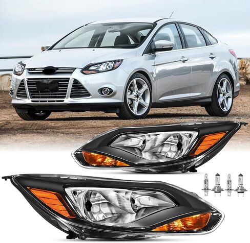 قطعتان من مجموعة المصابيح الأمامية مع لمبات لعام 2012 2013 2014 Ford Focus SE SEL قاعدة تيتانيوم هاتشباك سيدان بديلة للمصابيح الأمامية الهالوجين للسائق وجانب Psaaenger عاكس كهرماني أسود in Saudi Arabia