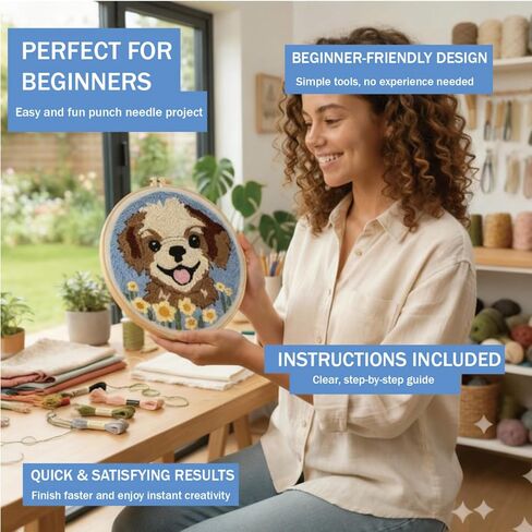 TINKAZ Smiling Dog Punch Needle Kit للمبتدئين، مجموعة التطريز DIY مع الغزل والنسيج والطوق، مجموعة أدوات يدوية لطيفة للإبرة لديكور المنزل والهدايا in Kuwait