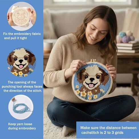TINKAZ Smiling Dog Punch Needle Kit للمبتدئين، مجموعة التطريز DIY مع الغزل والنسيج والطوق، مجموعة أدوات يدوية لطيفة للإبرة لديكور المنزل والهدايا in Kuwait