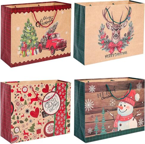 12 كيسًا ورقيًا كبيرًا جدًا لهدايا عيد الميلاد بمقابض - 4 تصميمات مجموعة أكياس كبيرة الحجم لتغليف هدايا عيد الميلاد الرائعة in Kuwait
