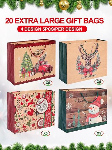 12 كيسًا ورقيًا كبيرًا جدًا لهدايا عيد الميلاد بمقابض - 4 تصميمات مجموعة أكياس كبيرة الحجم لتغليف هدايا عيد الميلاد الرائعة in Kuwait