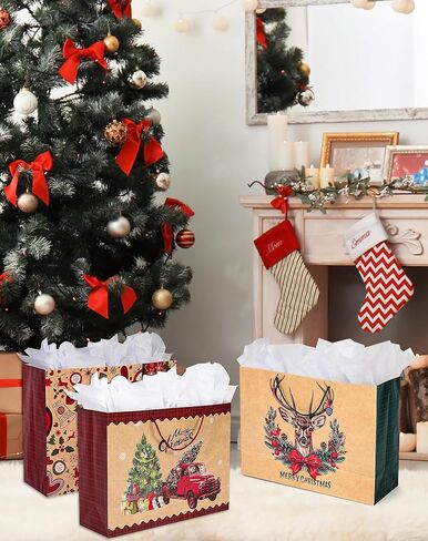 12 كيسًا ورقيًا كبيرًا جدًا لهدايا عيد الميلاد بمقابض - 4 تصميمات مجموعة أكياس كبيرة الحجم لتغليف هدايا عيد الميلاد الرائعة in Kuwait