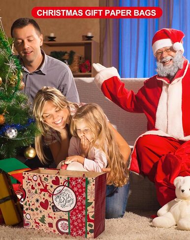 12 كيسًا ورقيًا كبيرًا جدًا لهدايا عيد الميلاد بمقابض - 4 تصميمات مجموعة أكياس كبيرة الحجم لتغليف هدايا عيد الميلاد الرائعة in Kuwait