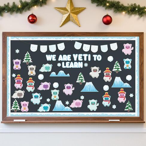 Christmas Bulletin Board Decoration - 123pcs Snow Monster Cutout with Banner Decor Set, Winter Yeti Fireplace Chalkboard Classroom Wall Accents Ideas Kits for School Class Home Supplies in Saudi Arabia