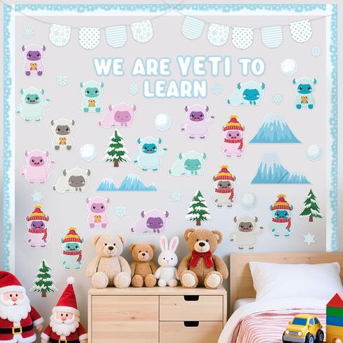 Christmas Bulletin Board Decoration - 123pcs Snow Monster Cutout with Banner Decor Set, Winter Yeti Fireplace Chalkboard Classroom Wall Accents Ideas Kits for School Class Home Supplies in Saudi Arabia