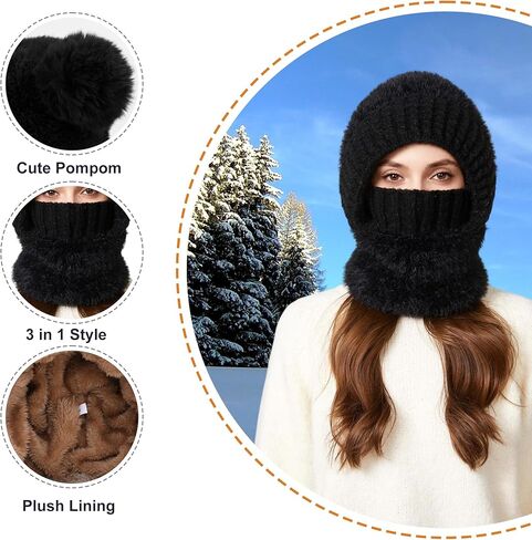Women Balaclava One-Piece Skull Beanie Hat Neck Circle Scarf Ski Snow Winter Knit Fleece Cap Cold Weather in Kuwait