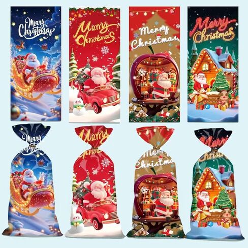 Dulinlin 50 Pack Christmas Treat Bags, Merry Christmas Gift Bags Bulk, Plastic Santa Claus Snowman Candy Cookie Goodie Snack Bag with Gold Twist Ties for Winter Xmas Party Decorations Favors Supplies in Saudi Arabia