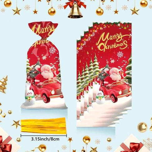 Dulinlin 50 Pack Christmas Treat Bags, Merry Christmas Gift Bags Bulk, Plastic Santa Claus Snowman Candy Cookie Goodie Snack Bag with Gold Twist Ties for Winter Xmas Party Decorations Favors Supplies in Saudi Arabia