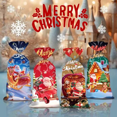 Dulinlin 50 Pack Christmas Treat Bags, Merry Christmas Gift Bags Bulk, Plastic Santa Claus Snowman Candy Cookie Goodie Snack Bag with Gold Twist Ties for Winter Xmas Party Decorations Favors Supplies in Saudi Arabia