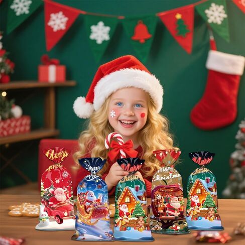 Dulinlin 50 Pack Christmas Treat Bags, Merry Christmas Gift Bags Bulk, Plastic Santa Claus Snowman Candy Cookie Goodie Snack Bag with Gold Twist Ties for Winter Xmas Party Decorations Favors Supplies in Saudi Arabia