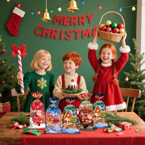 Dulinlin 50 Pack Christmas Treat Bags, Merry Christmas Gift Bags Bulk, Plastic Santa Claus Snowman Candy Cookie Goodie Snack Bag with Gold Twist Ties for Winter Xmas Party Decorations Favors Supplies in Saudi Arabia