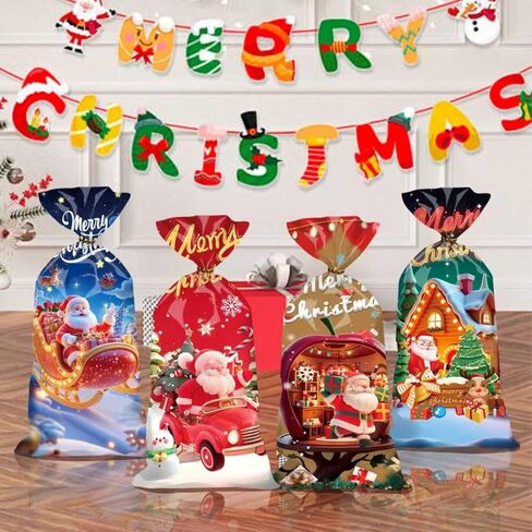 Dulinlin 50 Pack Christmas Treat Bags, Merry Christmas Gift Bags Bulk, Plastic Santa Claus Snowman Candy Cookie Goodie Snack Bag with Gold Twist Ties for Winter Xmas Party Decorations Favors Supplies in Saudi Arabia