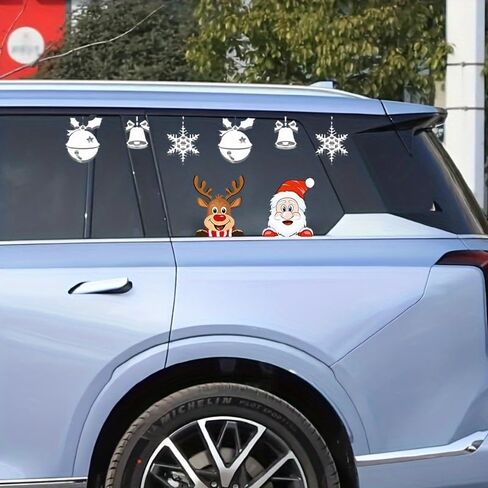 Waterproof Santa & Reindeer Window Clings - Festive Holiday Vehicle Decals Christmas Decorations with Glitter, Suitable for Glass, Metal, Ceramic Surfaces in Saudi Arabia