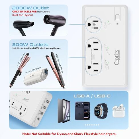 Ceptics تركيا ومصر وأيسلندا قابس محول السفر مع USB مزدوج - النوع C - أوروبا - مدخل الولايات المتحدة الأمريكية - خفيف الوزن - مثالي للهواتف المحمولة والشواحن والكاميرات والمزيد in Kuwait