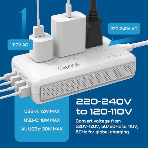 Ceptics تركيا ومصر وأيسلندا قابس محول السفر مع USB مزدوج - النوع C - أوروبا - مدخل الولايات المتحدة الأمريكية - خفيف الوزن - مثالي للهواتف المحمولة والشواحن والكاميرات والمزيد in Kuwait