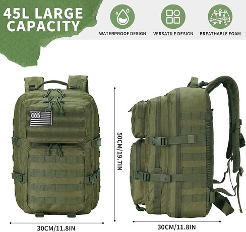 حقيبة ظهر تكتيكية للاستخدام اليومي حقيبة ظهر تكتيكية عسكرية للرجال والنساء 45 لتر حقيبة ظهر للياقة البدنية (أسود) in Kuwait