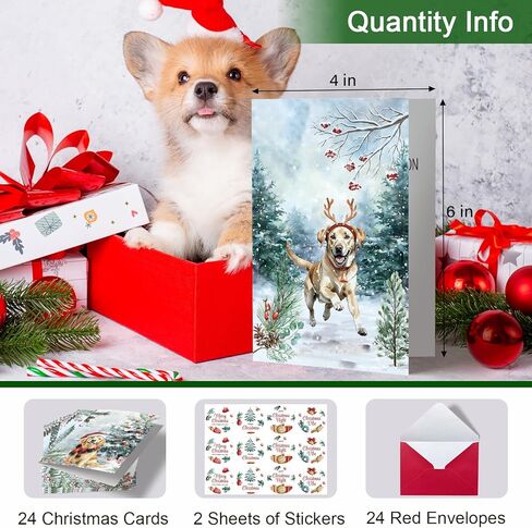 24 Pack Dog Christmas Cards with Envelopes & Stickers - 6 Designs, 4" x 6" for Friends, Family, Kids, Boys & Girls, Holiday Card Assortment for Dog Lovers in Saudi Arabia