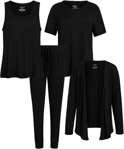 Women's Pajama Set - 4 Piece Wrap Cardigan, T-Shirt, Tank Top, and Jogger Pants (S-XL) in Kuwait