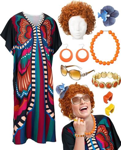 Landlady Costume Including Caftan Dress Curly Wig Necklace Earring Sunglasses Rings Hair Clip for Halloween Cosplay in Kuwait