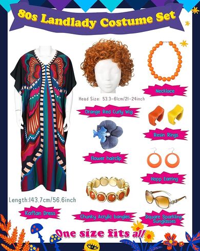 Landlady Costume Including Caftan Dress Curly Wig Necklace Earring Sunglasses Rings Hair Clip for Halloween Cosplay in Kuwait