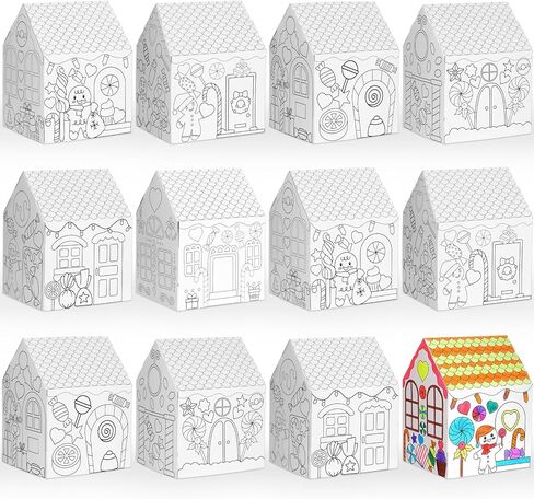 Watersay 12 Pcs Christmas Paper Coloring Houses DIY Craft Color Your Own Cardboard Houses Personalize a Cardboard House Xmas Holiday Party Favors Gifts for Girls Boys Classroom Home School in Saudi Arabia