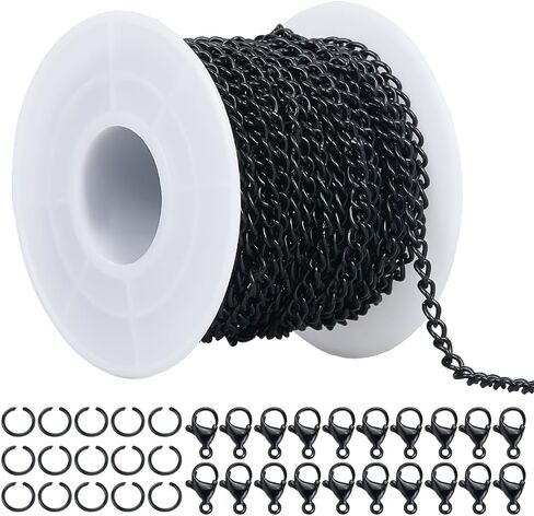 33 Feet/10m 3.5mm Cable Link Chain Bulk Iron Chain Links with Spool & 20Pcs Lobster Clasps & 50Pcs Jump Rings Black Curb Chain Bracelet Necklace Making Kit for DIY Craft Jewelry Making in Saudi Arabia