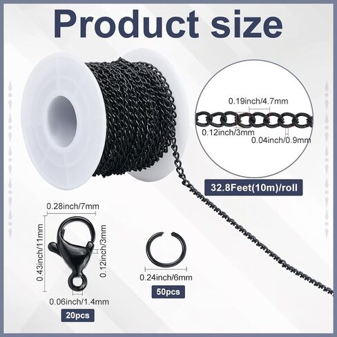 33 Feet/10m 3.5mm Cable Link Chain Bulk Iron Chain Links with Spool & 20Pcs Lobster Clasps & 50Pcs Jump Rings Black Curb Chain Bracelet Necklace Making Kit for DIY Craft Jewelry Making in Saudi Arabia