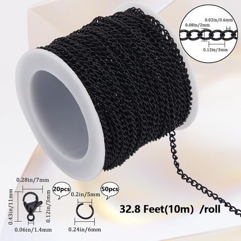 33 Feet/10m 3.5mm Cable Link Chain Bulk Iron Chain Links with Spool & 20Pcs Lobster Clasps & 50Pcs Jump Rings Black Curb Chain Bracelet Necklace Making Kit for DIY Craft Jewelry Making in Saudi Arabia