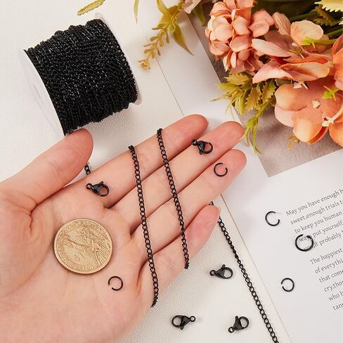 33 Feet/10m 3.5mm Cable Link Chain Bulk Iron Chain Links with Spool & 20Pcs Lobster Clasps & 50Pcs Jump Rings Black Curb Chain Bracelet Necklace Making Kit for DIY Craft Jewelry Making in Saudi Arabia