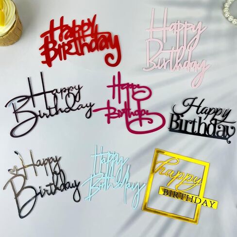 8 PCS Happy Birthday Cake Toppers Mirror Acrylic Party Decorations in 8 Colors Gold Silver Rose Gold Black Pink Blue Red Rose in Saudi Arabia