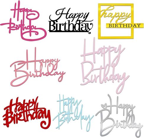 8 PCS Happy Birthday Cake Toppers Mirror Acrylic Party Decorations in 8 Colors Gold Silver Rose Gold Black Pink Blue Red Rose in Saudi Arabia