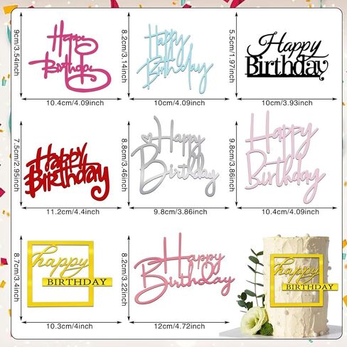 8 PCS Happy Birthday Cake Toppers Mirror Acrylic Party Decorations in 8 Colors Gold Silver Rose Gold Black Pink Blue Red Rose in Saudi Arabia