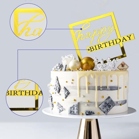 8 PCS Happy Birthday Cake Toppers Mirror Acrylic Party Decorations in 8 Colors Gold Silver Rose Gold Black Pink Blue Red Rose in Saudi Arabia