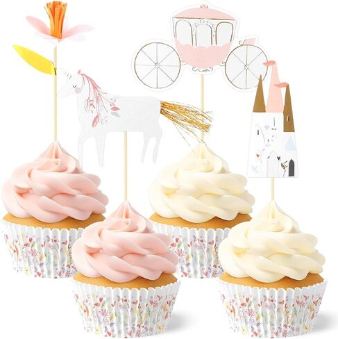 48 Pcs/24 Sets Unicorn Princess Cupcake Toppers Kit Includes 24 Cupcake Toppers and 24 Floral Cake Cup Unicorn Theme Party Supplies for Birthday Wedding Princess Theme Party Baby Showers in Saudi Arabia