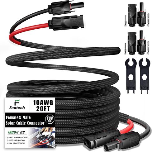 سلك مزدوج بطول 20 قدم كابل تمديد للطاقة الشمسية 10AWG مع -IP67- موصل أنثى وذكر، زوجان إضافيان من أدوات طقم محول اللوحة الشمسية للموصل المجاني (4 أزواج موصلات) in Kuwait
