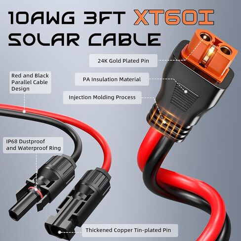 كابل 12AWG 10FT من الطاقة الشمسية إلى XT60i، موصل لوحة شمسية Gibbab 3 10 25FT إلى XT60i-F محول تمديد أغطية كابل شحن لجهاز EcoFlow River Delta Anker SOLIX المحمول بطارية مولد الطاقة RV in Kuwait