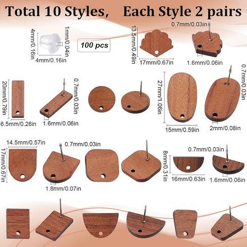 SUNNYCLUE 1 Box 32pcs 8 Styles Wooden Earring Post Stud Earrings Post with Hole & 100Pcs Jump Rings & 50 Ear Backs Brown Walnut Wood Earring Findings for DIY Craft Earrings Jewelry Making Accessories in Saudi Arabia