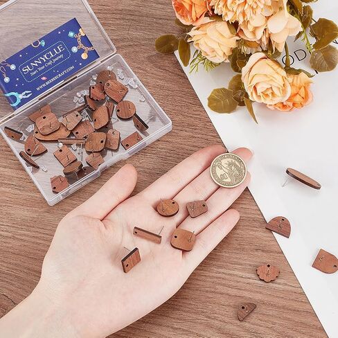 SUNNYCLUE 1 Box 32pcs 8 Styles Wooden Earring Post Stud Earrings Post with Hole & 100Pcs Jump Rings & 50 Ear Backs Brown Walnut Wood Earring Findings for DIY Craft Earrings Jewelry Making Accessories in Saudi Arabia