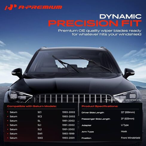 A-Premium Pack of 2 Windshield Wiper Blades with Wear Indicator & Towel - Compatible with Saturn SC1 SC2 1993-2002, SL, SL1, SL2, SW1, SW2-22" and 21", Hook Connector, Left and Right in Saudi Arabia