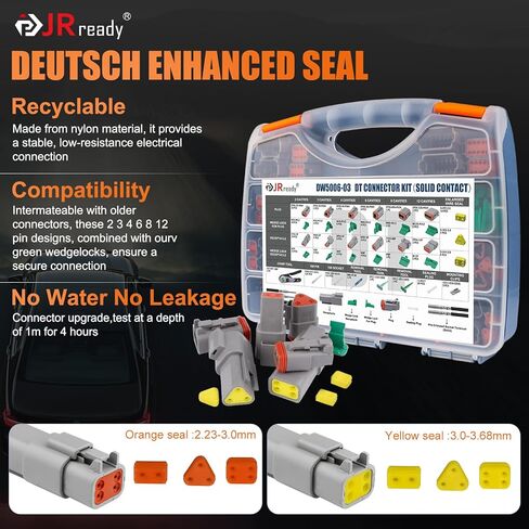 JRready DW5008 Deutsch Connector Kit, 2 3 4 6 8 12 Pin DT Connectors, Size 16 Solid Contacts 16-20AWG, Deutsch Crimp Tool, Deutsch Pin Removal Tool,Waterproof Automotive Electrical Gray Connectors in Kuwait