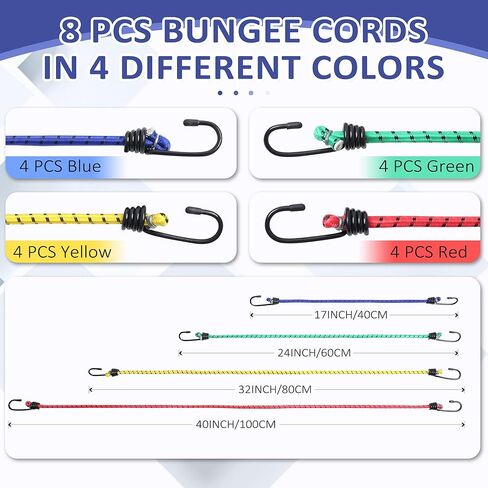 8 Pack Bungee Cords with Hooks,Elastic Bungee Straps,Includes 40",32", 24", 16",Heavy Duty Outdoor Bungie Straps to Packing for Tent,Camping,Fastening Items,Storing Packages in Saudi Arabia