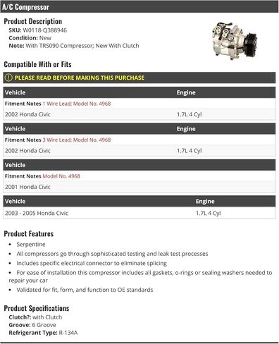 A/C Compressor with Clutch - Compatible with 2001-2005 Honda Civic 1.7L 4-Cylinder in Saudi Arabia
