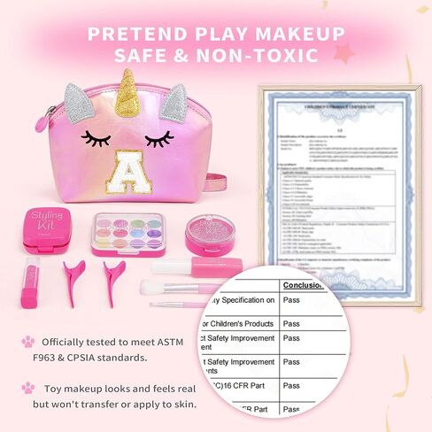 مجموعة مكياج YOOLIFE للأطفال الصغار - 9 قطع ألعاب مكياج غير سامة ومحفظة أولية، هدايا عيد ميلاد للأعمار 3 4 5 6 7 8 9 سنوات للفتيات من عمر يونيكورن هدايا للأطفال والبنات الصغار التظاهر بحرف مكياج A in Kuwait