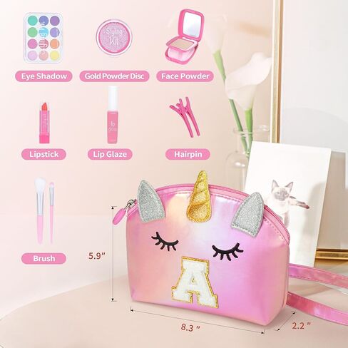 مجموعة مكياج YOOLIFE للأطفال الصغار - 9 قطع ألعاب مكياج غير سامة ومحفظة أولية، هدايا عيد ميلاد للأعمار 3 4 5 6 7 8 9 سنوات للفتيات من عمر يونيكورن هدايا للأطفال والبنات الصغار التظاهر بحرف مكياج A in Kuwait