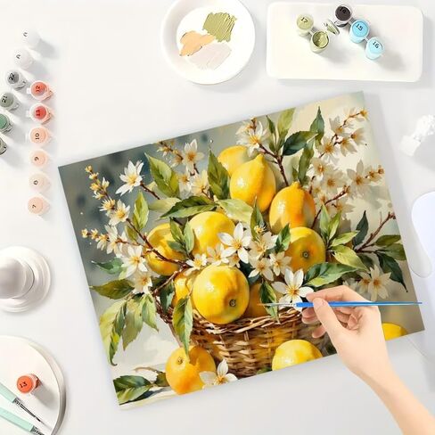 Still Life Paint by Numbers Kit for Adults - DIY Lemon Basket with Blossoms Painting on Canvas 16x20 Inches, Acrylic Paint Set, Suitable for Beginners, Fruit Art for Home Decoration or Gifts in Saudi Arabia