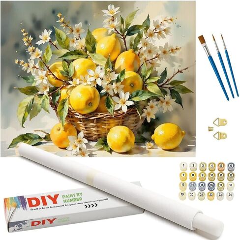 Still Life Paint by Numbers Kit for Adults - DIY Lemon Basket with Blossoms Painting on Canvas 16x20 Inches, Acrylic Paint Set, Suitable for Beginners, Fruit Art for Home Decoration or Gifts in Saudi Arabia
