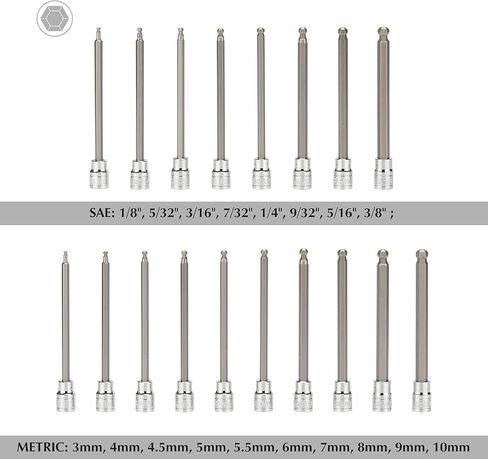 EMENTOL 18PCS 3/8" Drive Long Ball-End Hex Bit Socket Set, CR-V, S2 Steel, SAE/Metric, Extra Long Allen Bit Socket Set, 1/8 Inch - 3/8 Inch, 3mm - 10mm in Saudi Arabia