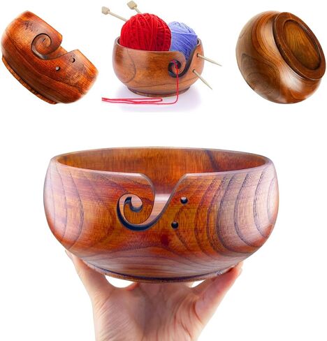 Weabetfu Wooden Yarn Bowl Knitting Yarn Bowls for Crocheting with Holes Knitting Bowl Storage,Perfect Handmade Craft Rosewood Crochet Bowl for Mother's Day and Christmas Gift 6.3''×3'' in Saudi Arabia