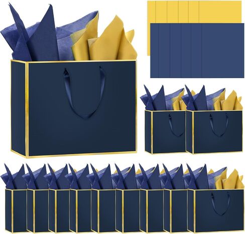 Epoesch 12 عبوة من أكياس الهدايا الورقية المعدنية بمقابض - تتضمن 24 منديلًا ورقيًا - 11.8 بوصة × 10 بوصة × 4 بوصة - حقائب هدايا أنيقة لخمسة حواس لحفلات الزفاف، ووصيفات العروس، ورفقاء العريس، والضيوف، وعيد الحب، وعيد الفصح (أزرق داكن، ذهبي) in Kuwait